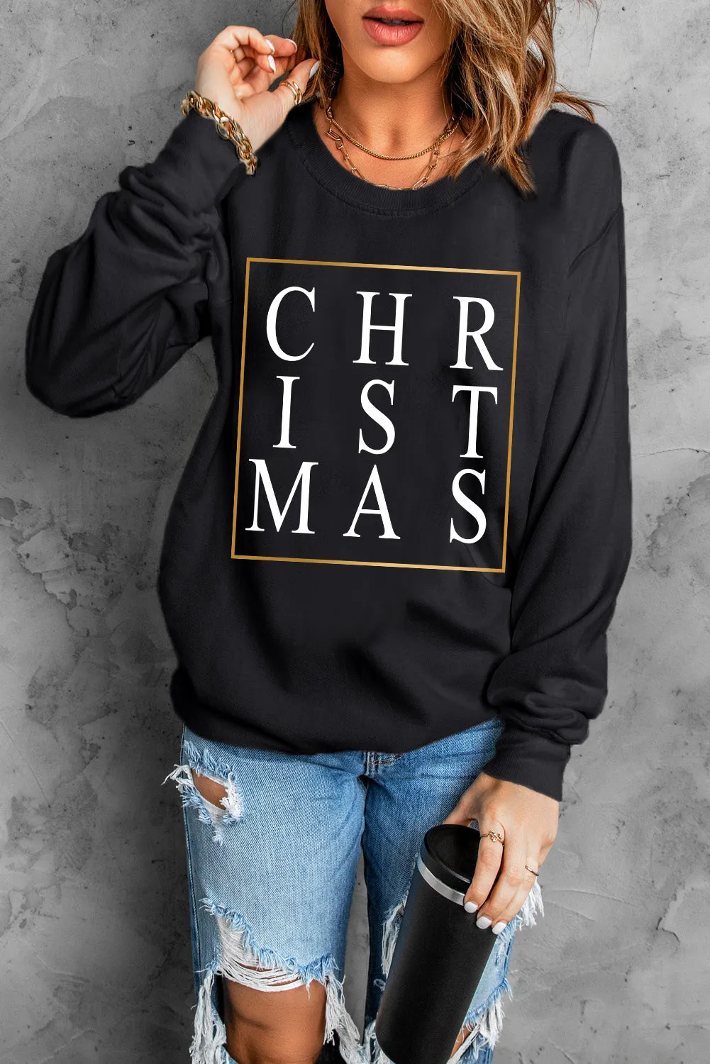 Black Christmas Text Print Sweatshirt