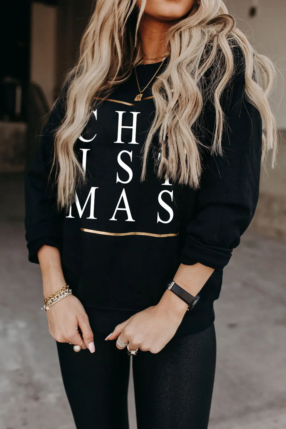 Black Christmas Text Print Sweatshirt