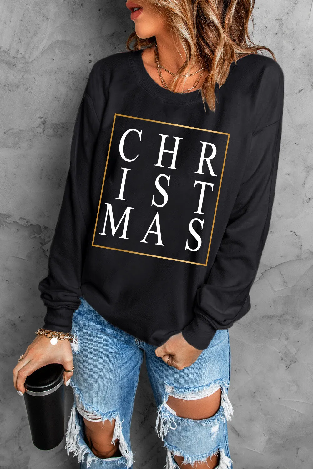 Black Christmas Text Print Sweatshirt
