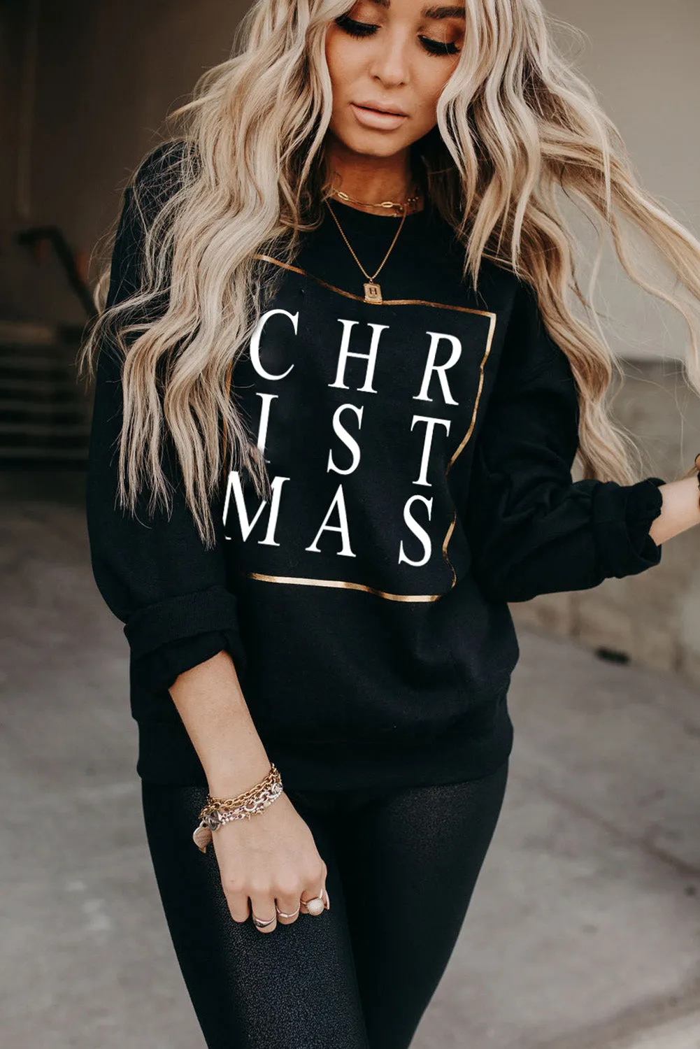 Black Christmas Text Print Sweatshirt