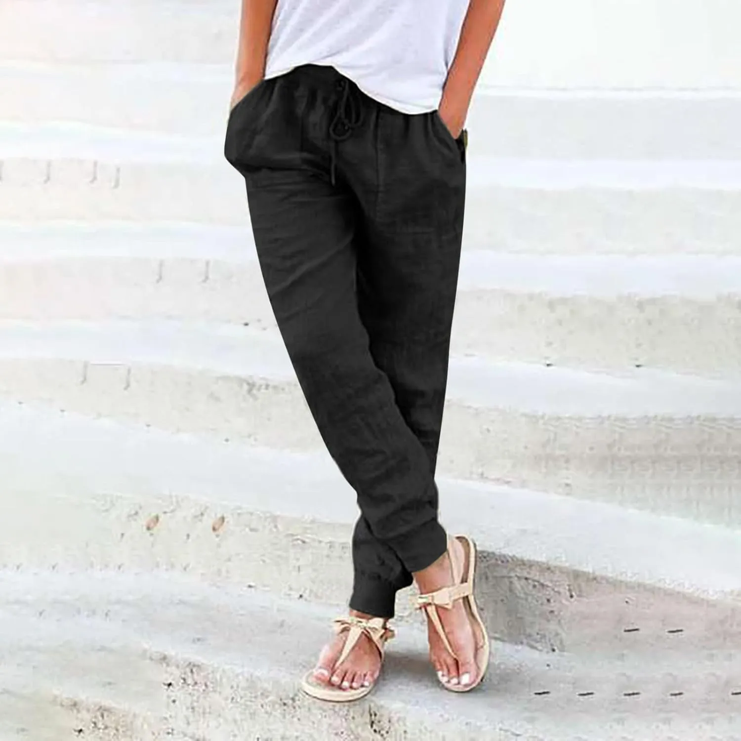 Black Linen Pants Women Tapered Summer Drawstring Elastic Waist High Waisted Lounge Sweatpants Casual Beach Trousers