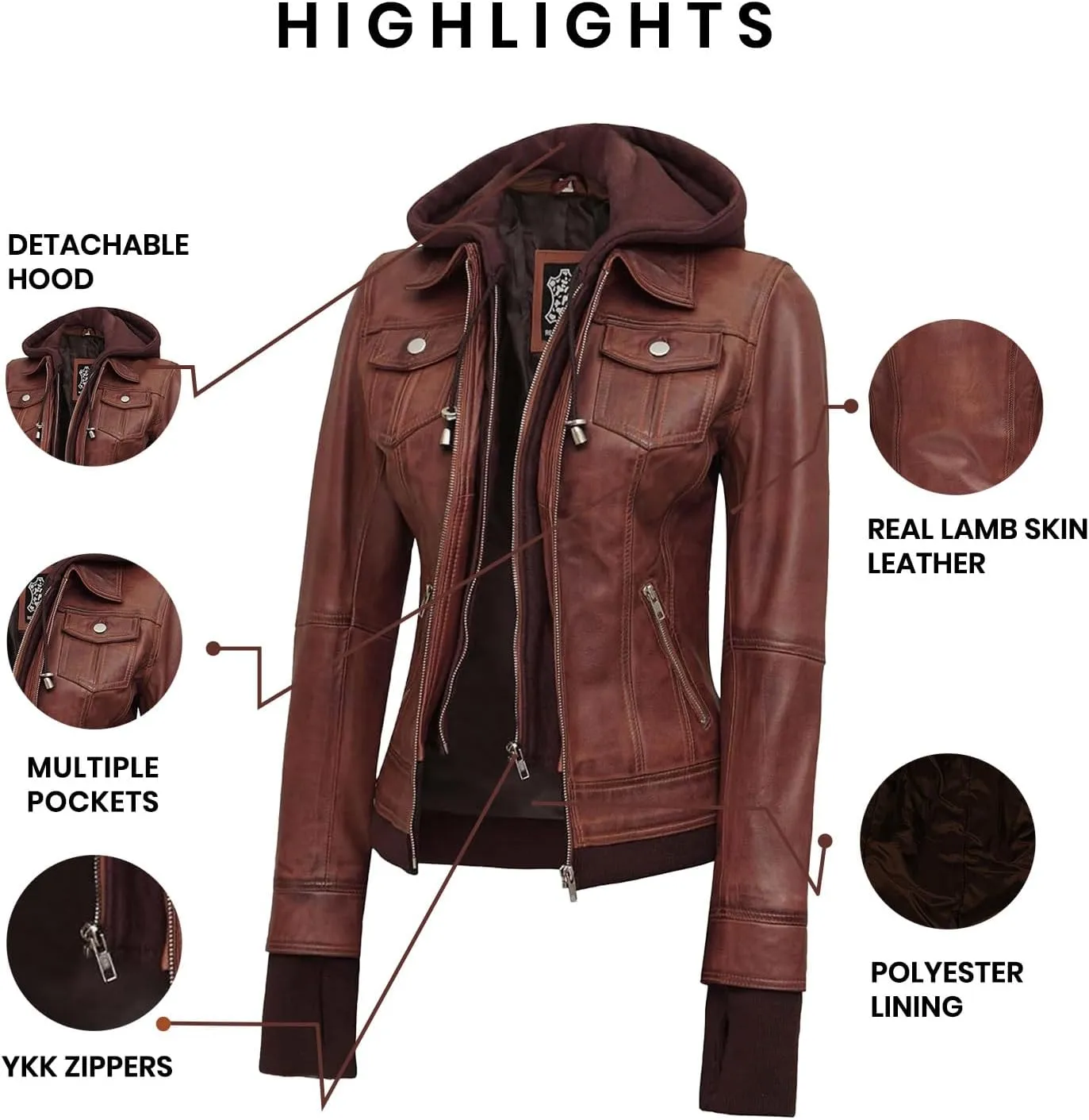 Blingsoul Leather Bomber Jacket Women - Real Lambskin Womens Leather Jackets with Removable Hood