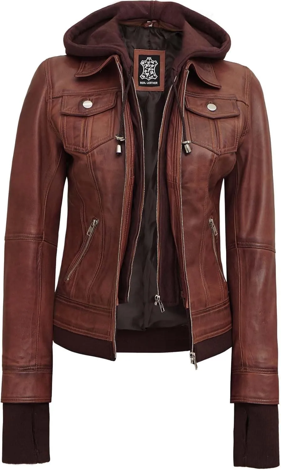 Blingsoul Leather Bomber Jacket Women - Real Lambskin Womens Leather Jackets with Removable Hood