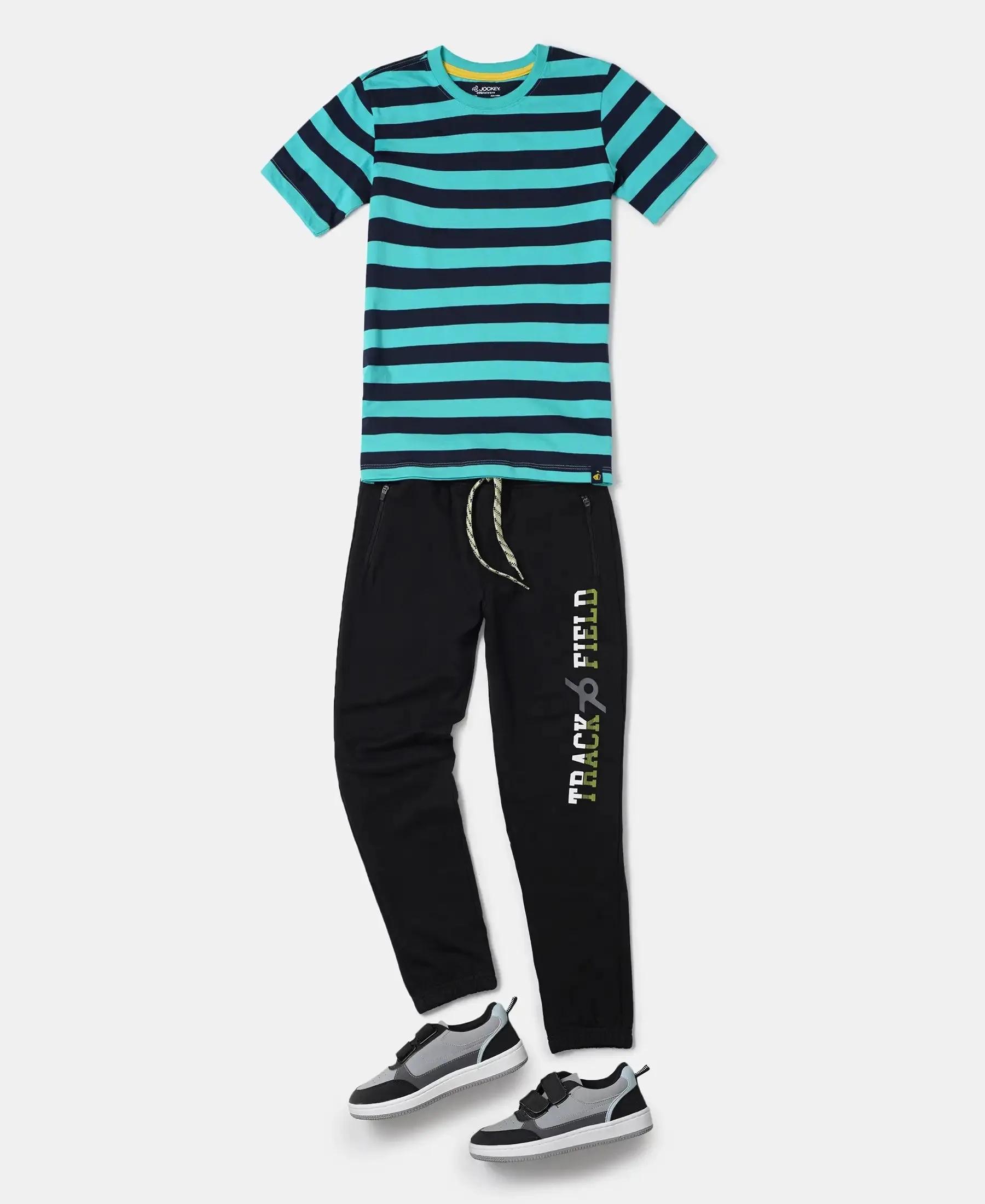 Boy's Super Combed Cotton Striped Half Sleeve T-Shirt - Waterfall & Navy