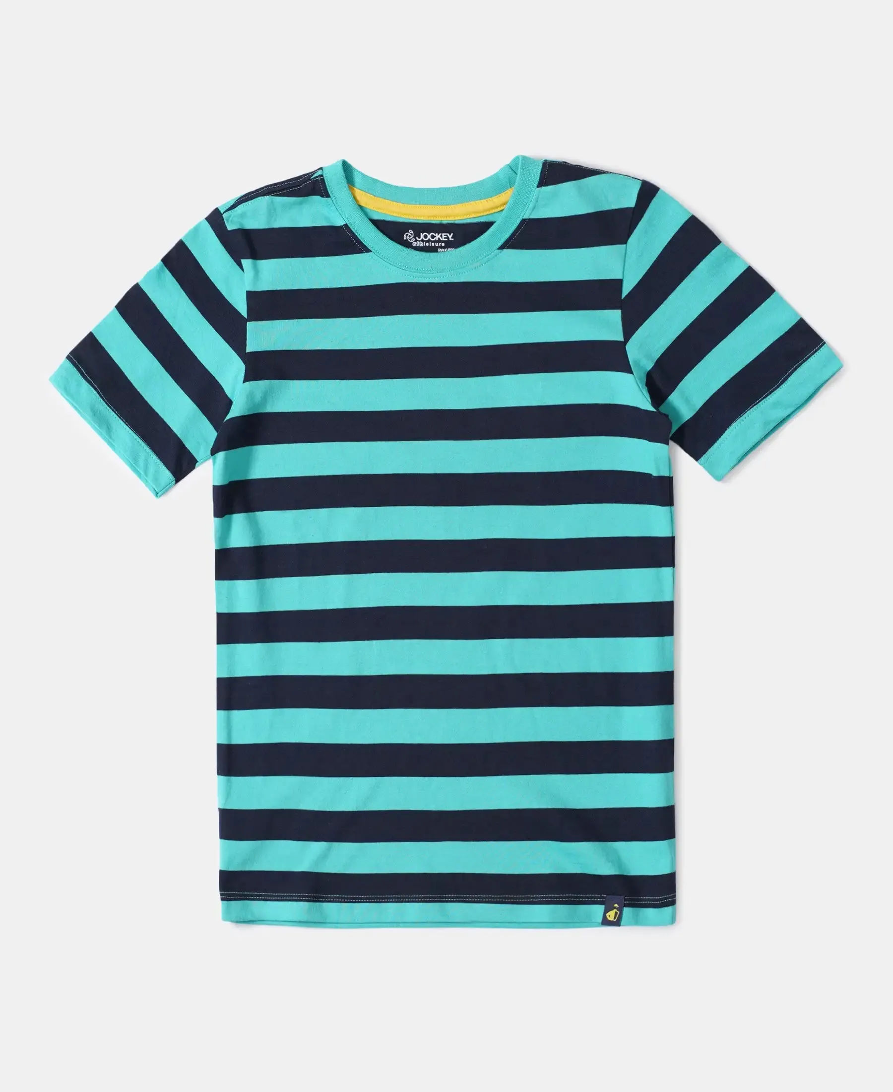 Boy's Super Combed Cotton Striped Half Sleeve T-Shirt - Waterfall & Navy
