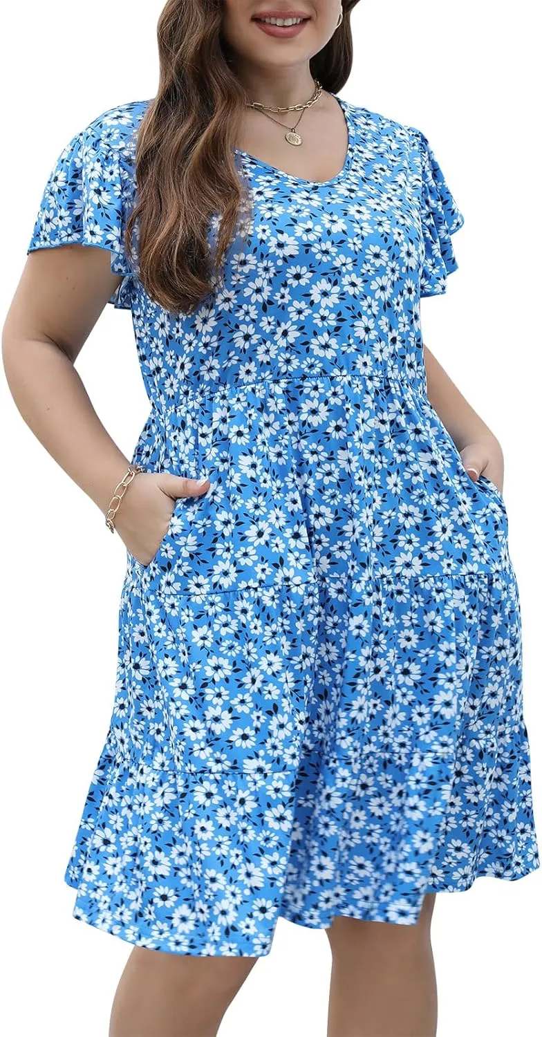 Celkuser Plus Size Casual Summer Dresses Curvy Womens Elastic Waist Tiered A Line Ruffle Hem Dress with Pockets