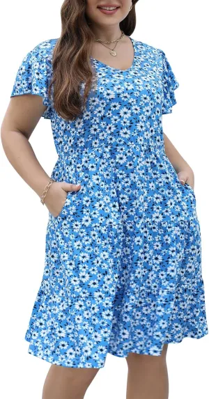 Celkuser Plus Size Casual Summer Dresses Curvy Womens Elastic Waist Tiered A Line Ruffle Hem Dress with Pockets
