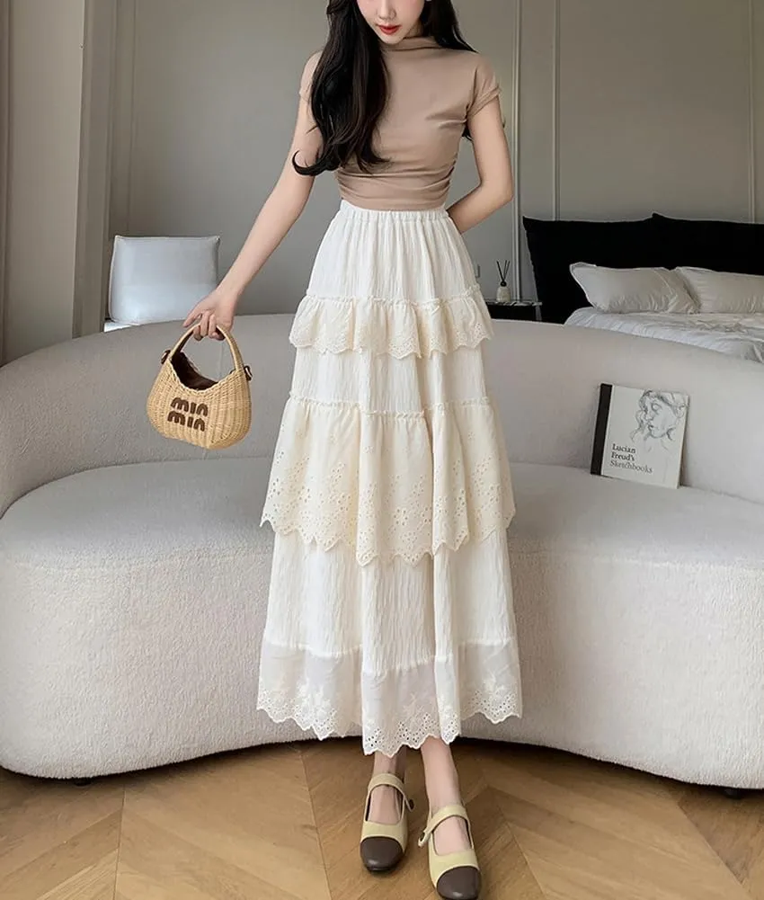 chouyatou Women's Boho Eyelet Lace Embroidery Midi Long Skirt High Elastic Waisted Flowy Swing Tiered Skirt