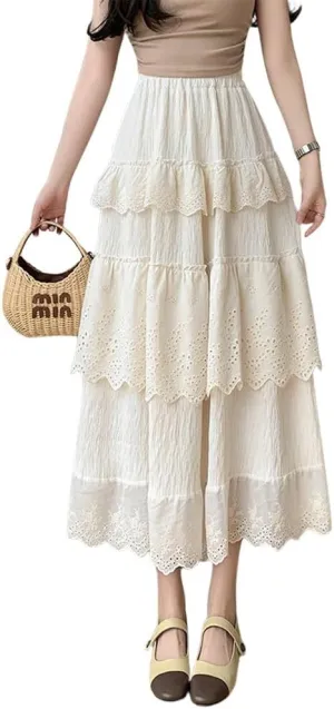 chouyatou Women's Boho Eyelet Lace Embroidery Midi Long Skirt High Elastic Waisted Flowy Swing Tiered Skirt