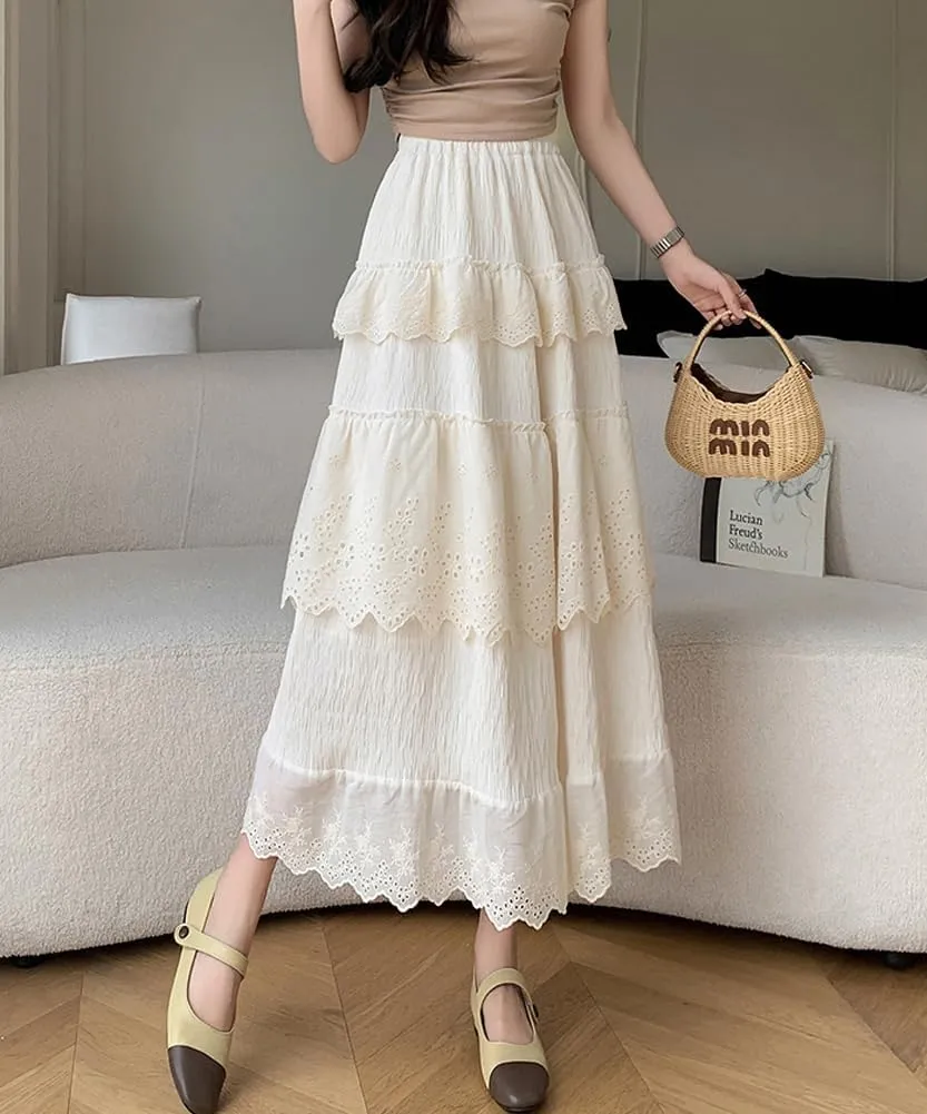 chouyatou Women's Boho Eyelet Lace Embroidery Midi Long Skirt High Elastic Waisted Flowy Swing Tiered Skirt