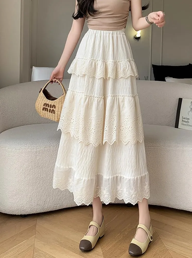 chouyatou Women's Boho Eyelet Lace Embroidery Midi Long Skirt High Elastic Waisted Flowy Swing Tiered Skirt