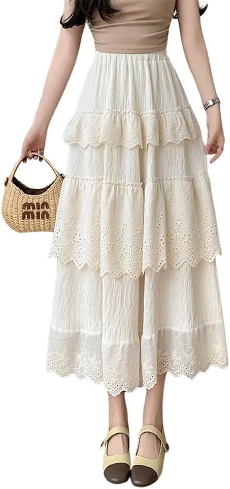 chouyatou Women's Boho Eyelet Lace Embroidery Midi Long Skirt High Elastic Waisted Flowy Swing Tiered Skirt