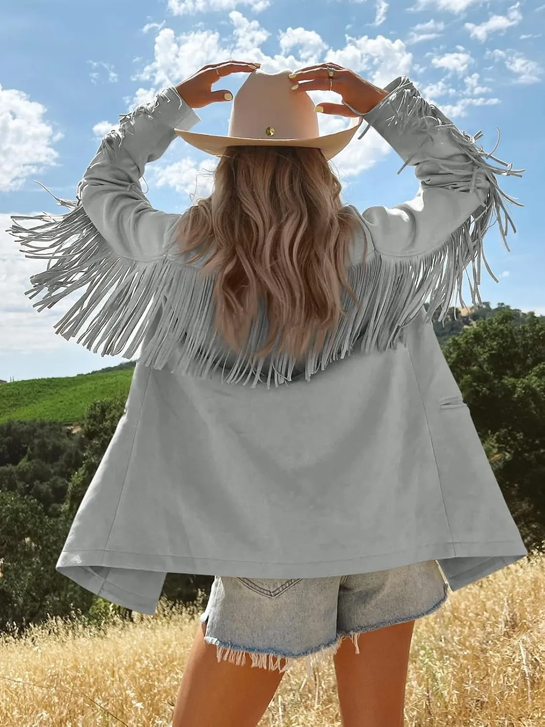 Cicy Bell Womens Faux Suede Fringe Jacket Casual Blazer Long Sleeve Lapel Button Front Suit Jackets