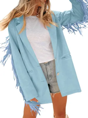 Cicy Bell Womens Faux Suede Fringe Jacket Casual Blazer Long Sleeve Lapel Button Front Suit Jackets