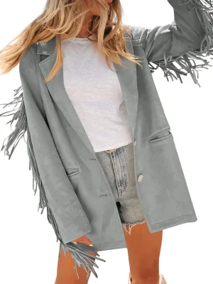Cicy Bell Womens Faux Suede Fringe Jacket Casual Blazer Long Sleeve Lapel Button Front Suit Jackets
