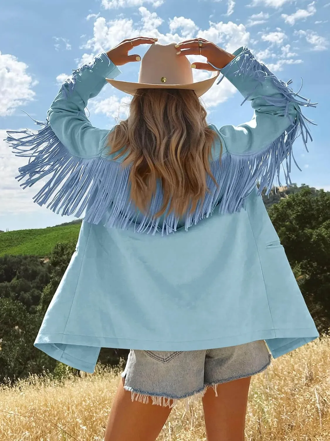 Cicy Bell Womens Faux Suede Fringe Jacket Casual Blazer Long Sleeve Lapel Button Front Suit Jackets