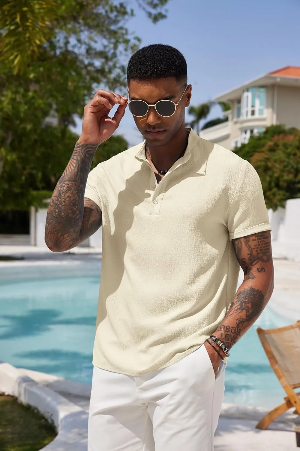 COOFANDY Men's Casual Henley Tee Shirt Band Collar Short Sleeve Summer Beach Hippie T Shirts