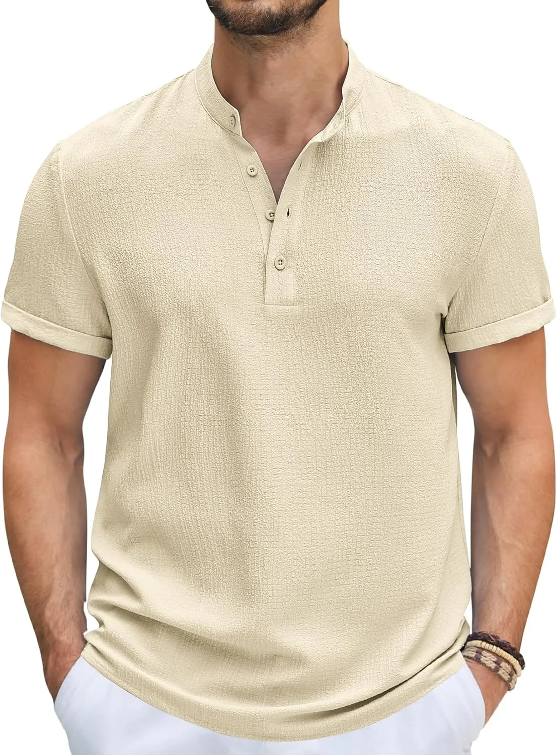 COOFANDY Men's Casual Henley Tee Shirt Band Collar Short Sleeve Summer Beach Hippie T Shirts