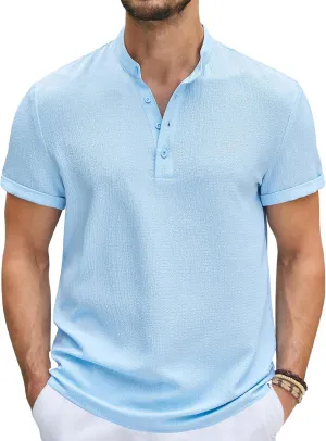 COOFANDY Men's Casual Henley Tee Shirt Band Collar Short Sleeve Summer Beach Hippie T Shirts