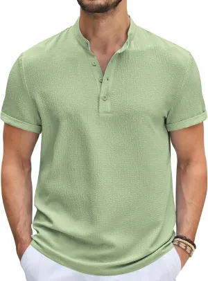 COOFANDY Men's Casual Henley Tee Shirt Band Collar Short Sleeve Summer Beach Hippie T Shirts