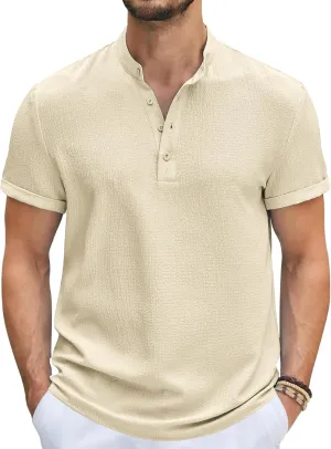 COOFANDY Men's Casual Henley Tee Shirt Band Collar Short Sleeve Summer Beach Hippie T Shirts