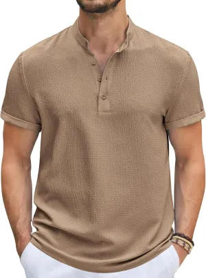 COOFANDY Men's Casual Henley Tee Shirt Band Collar Short Sleeve Summer Beach Hippie T Shirts