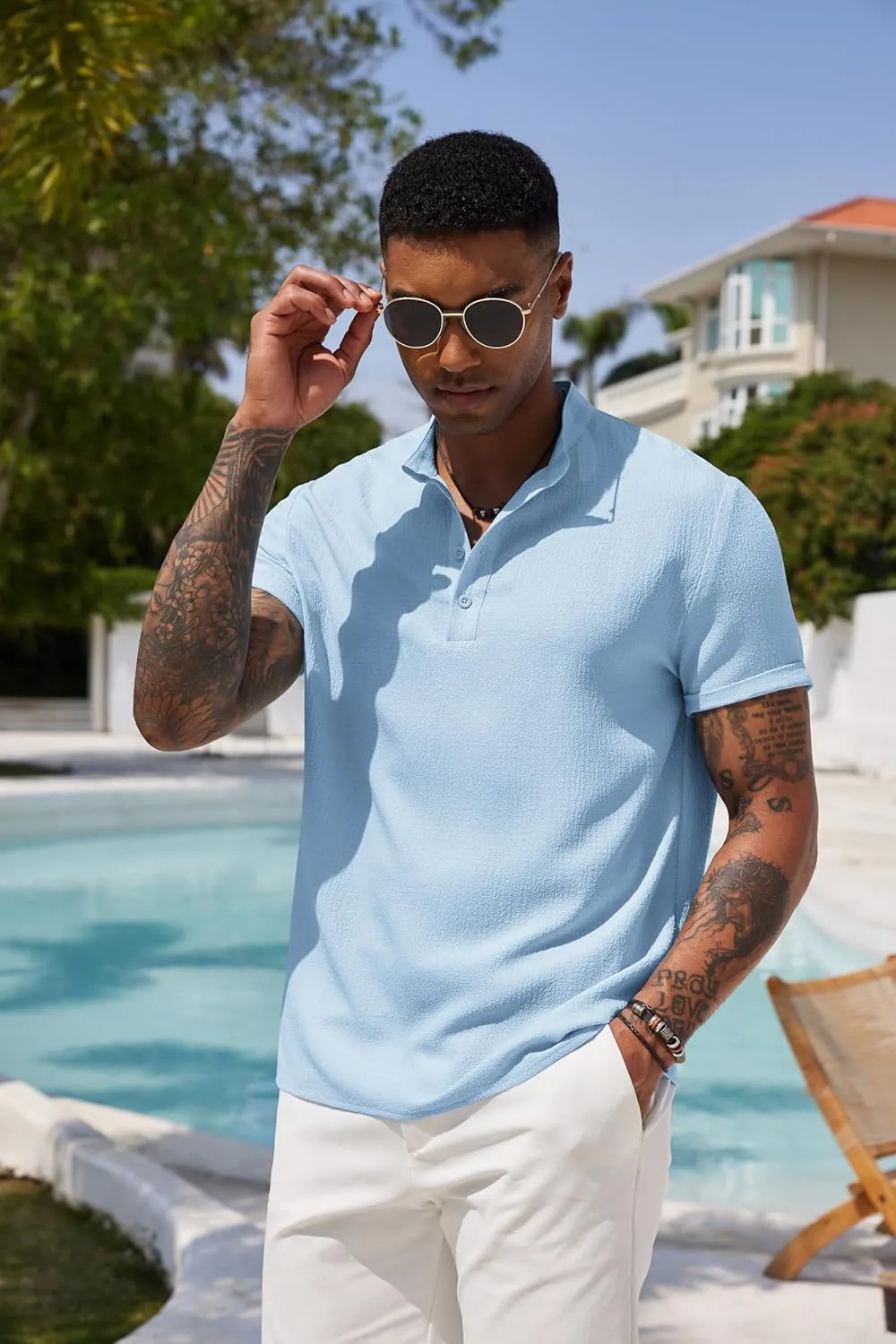 COOFANDY Men's Casual Henley Tee Shirt Band Collar Short Sleeve Summer Beach Hippie T Shirts