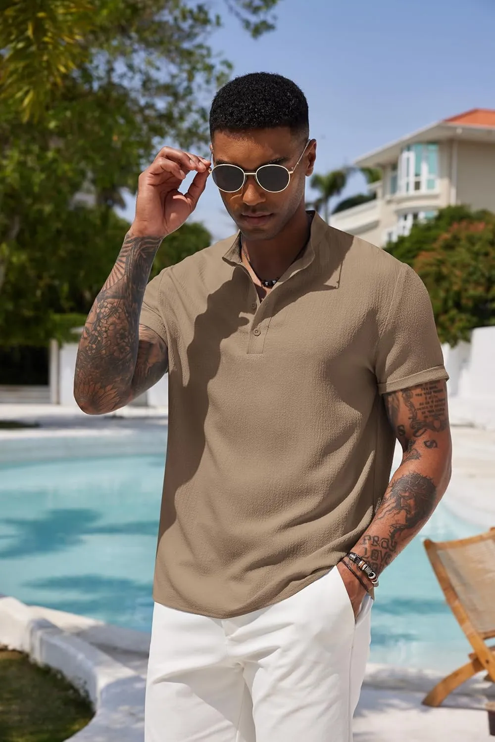 COOFANDY Men's Casual Henley Tee Shirt Band Collar Short Sleeve Summer Beach Hippie T Shirts
