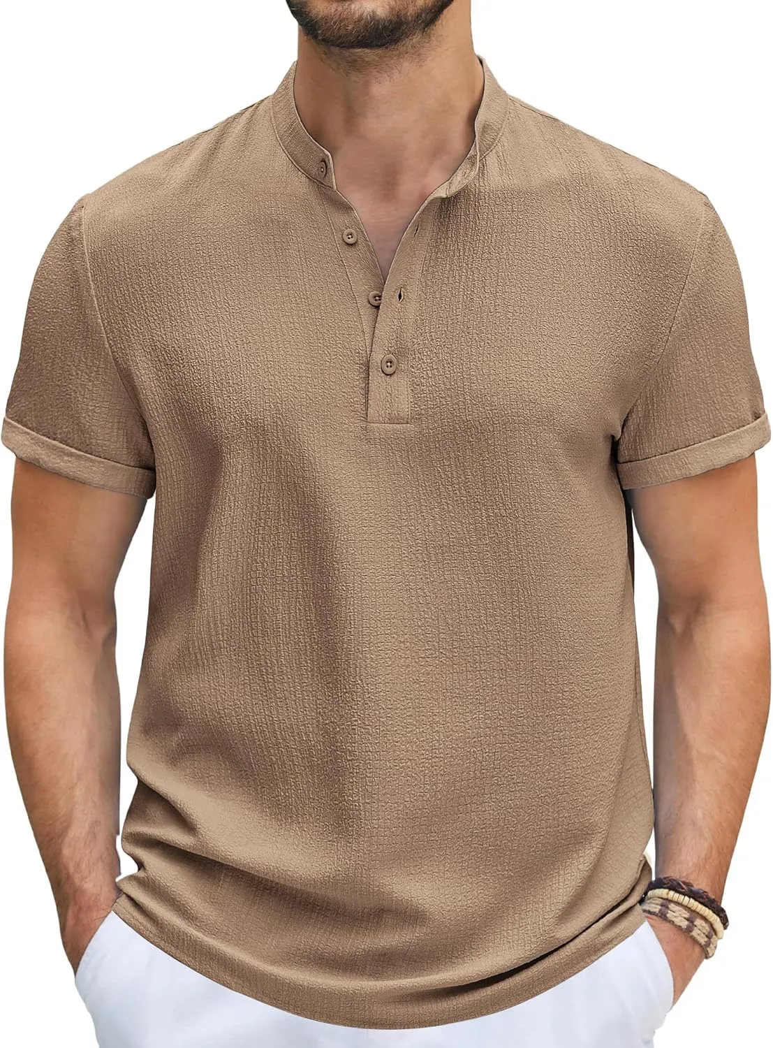 COOFANDY Men's Casual Henley Tee Shirt Band Collar Short Sleeve Summer Beach Hippie T Shirts