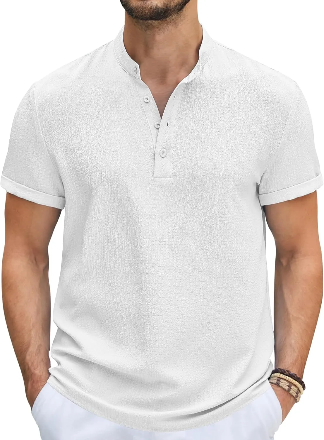 COOFANDY Men's Casual Henley Tee Shirt Band Collar Short Sleeve Summer Beach Hippie T Shirts