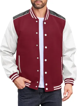 COOFANDY Mens Fashion Varsity Jackets Casual Leather Sleeves College Baseball Bomber Jacket Streetwear Red Varsity Jacket S