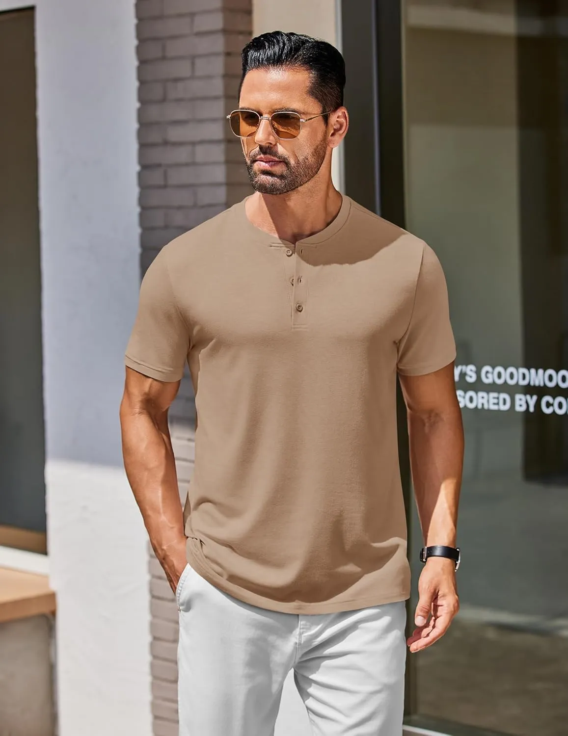 COOFANDY Men's Henley Shirts Cotton Short Sleeve Casual T-Shirt Button Henley Basic Tee Lightweight Summer Top