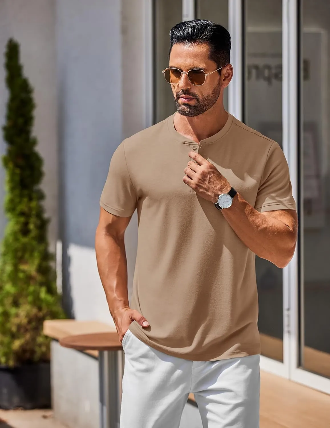 COOFANDY Men's Henley Shirts Cotton Short Sleeve Casual T-Shirt Button Henley Basic Tee Lightweight Summer Top