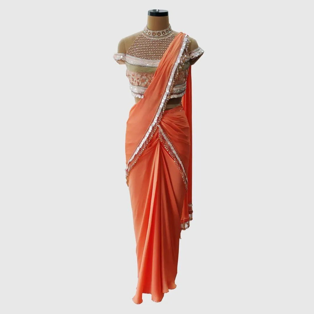 Coral Pre-Draped Saree Set