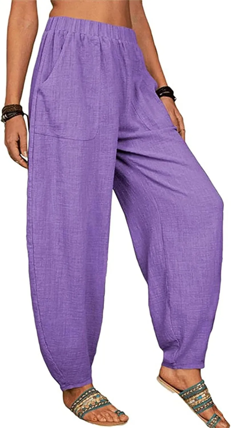 Cotton Linen Pants for Women Summer 2025 Casual Loose Fit High Waisted Pant Wide Leg Trousers with Pockets