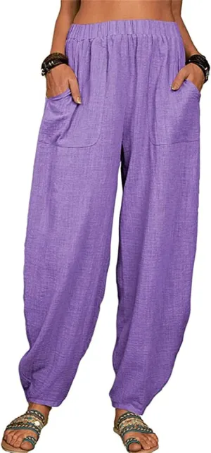 Cotton Linen Pants for Women Summer 2025 Casual Loose Fit High Waisted Pant Wide Leg Trousers with Pockets