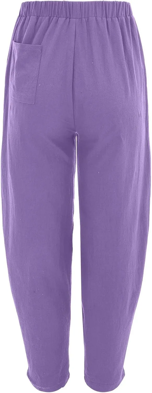 Cotton Linen Pants for Women Summer 2025 Casual Loose Fit High Waisted Pant Wide Leg Trousers with Pockets
