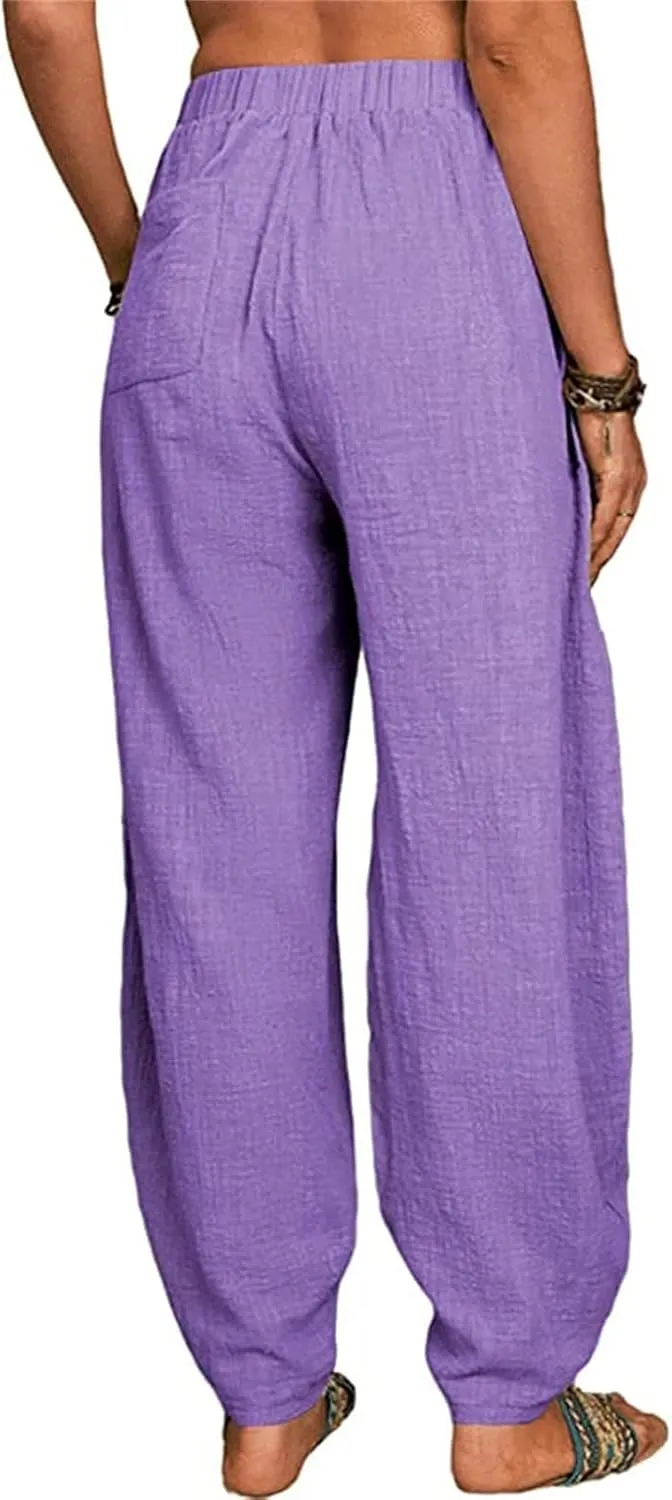 Cotton Linen Pants for Women Summer 2025 Casual Loose Fit High Waisted Pant Wide Leg Trousers with Pockets