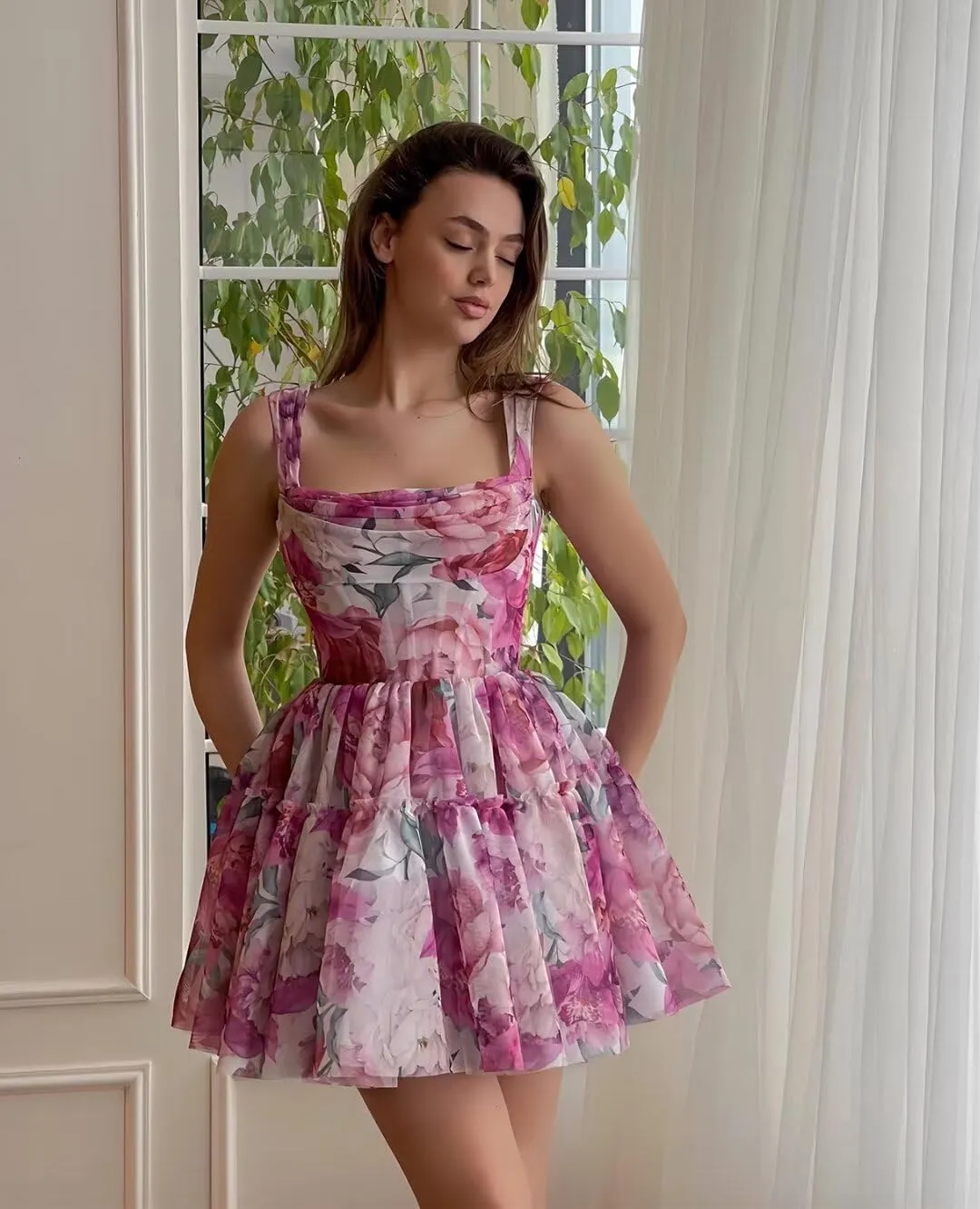 Cute Tulle Floral Print Prom Dress Long Senior Evening Gown for Girls WD109