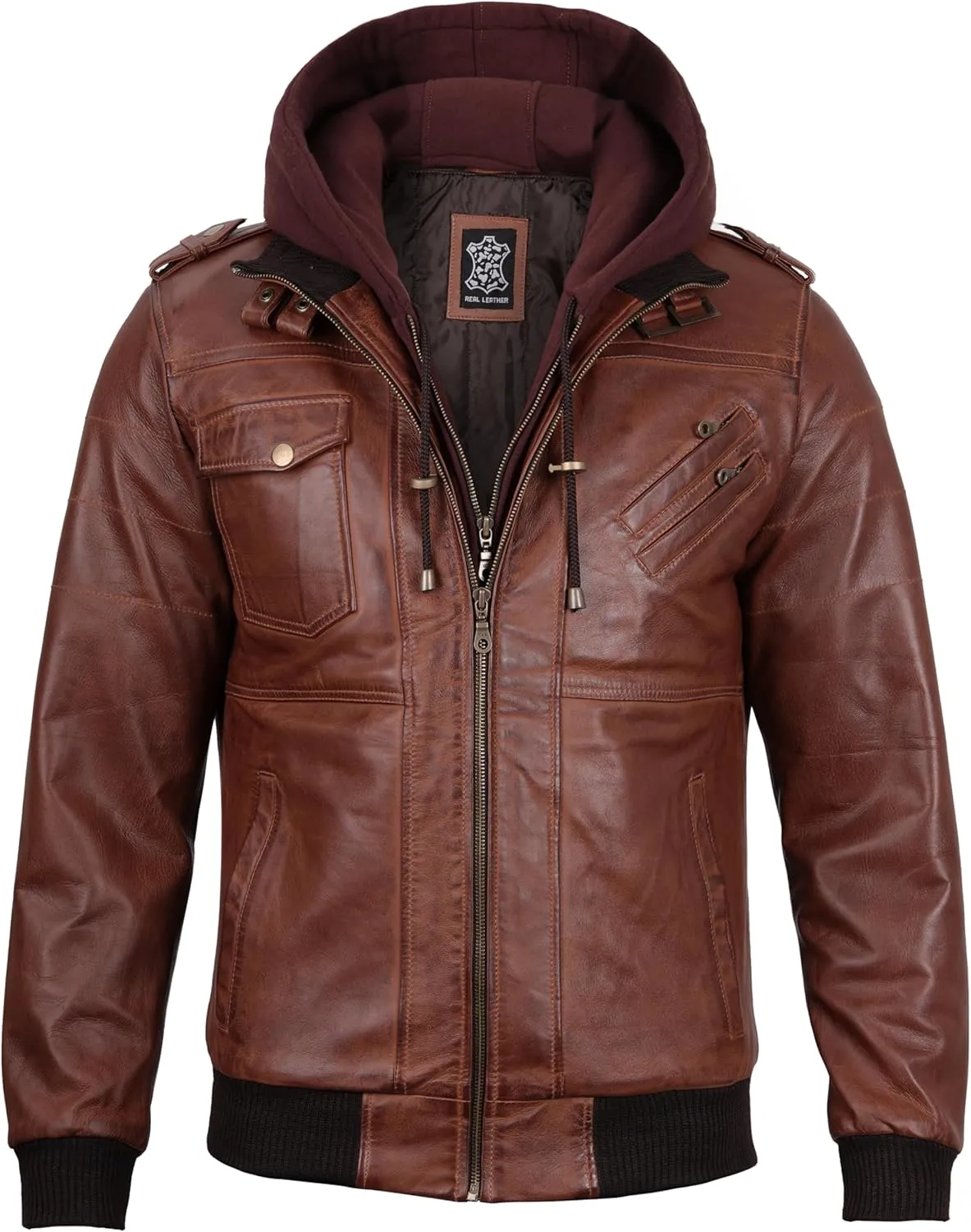 Decrum Hooded Leather Jacket Men - Casual Detachable Hood Leather Jackets for Men