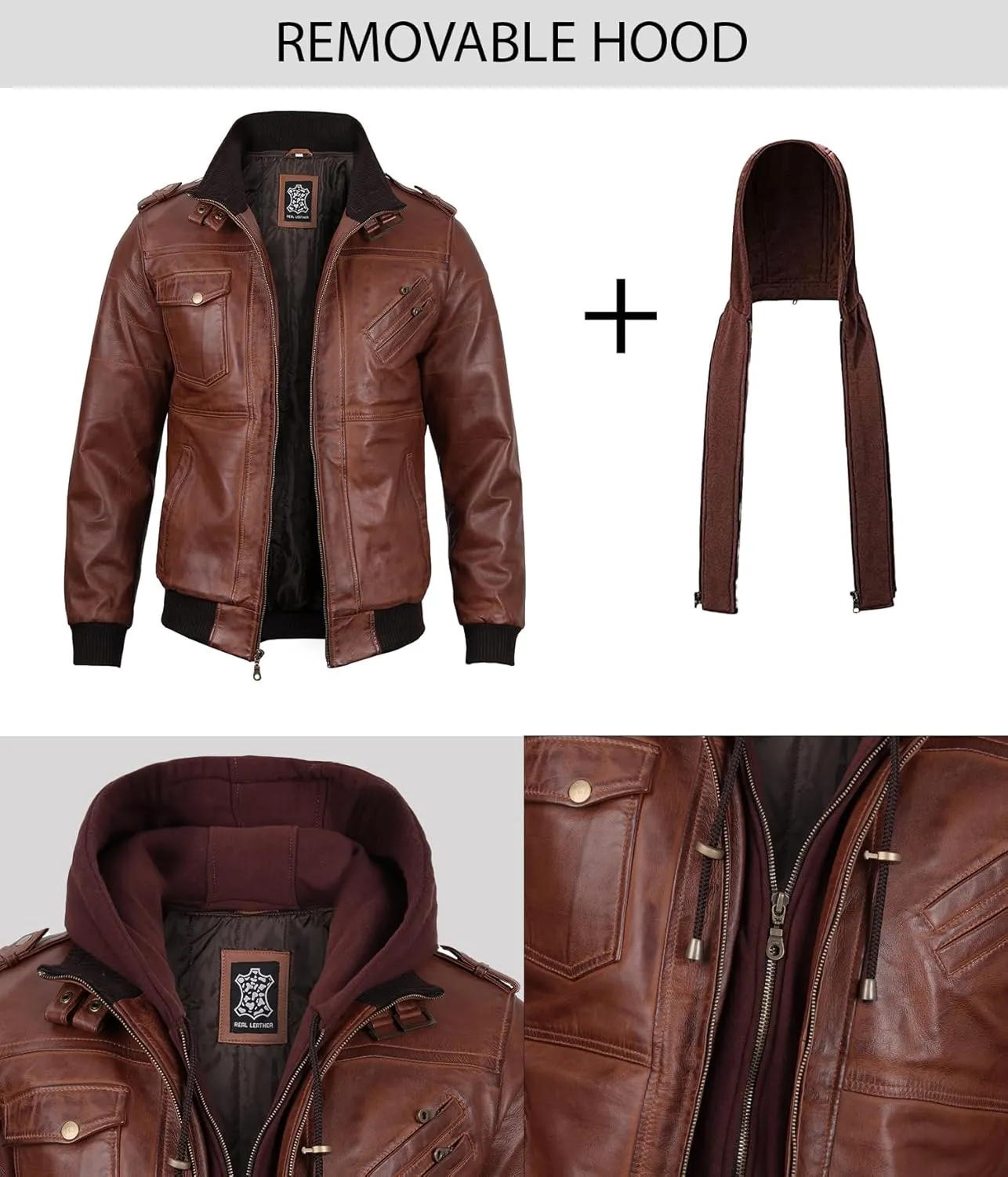 Decrum Hooded Leather Jacket Men - Casual Detachable Hood Leather Jackets for Men