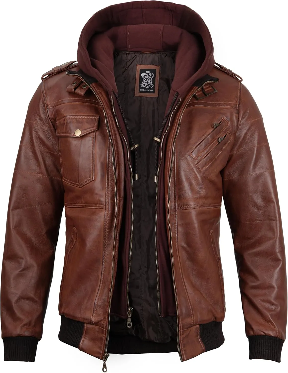 Decrum Hooded Leather Jacket Men - Casual Detachable Hood Leather Jackets for Men
