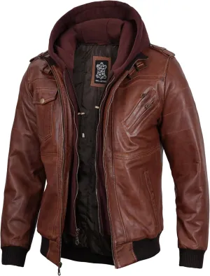 Decrum Hooded Leather Jacket Men - Casual Detachable Hood Leather Jackets for Men