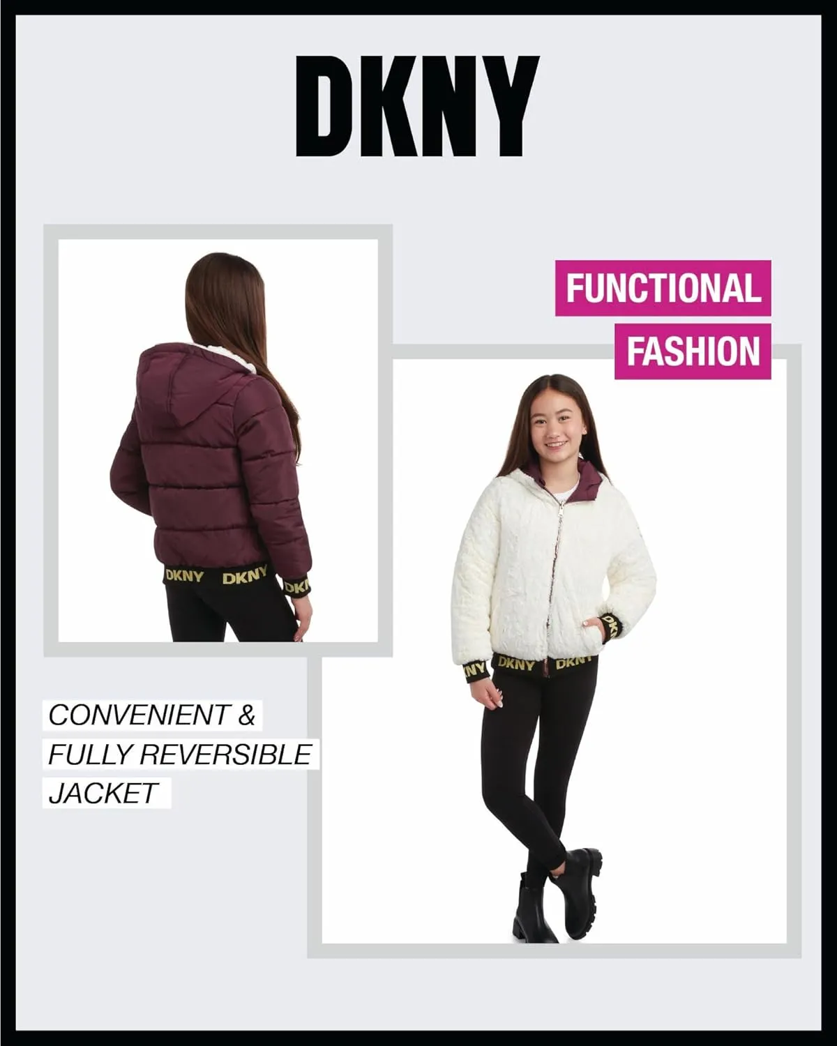 DKNY Girls' Hooded Puffer Jacket - Insulated Reversible Faux Fur Bomber Winter Coat - Quilted Outerwear for Girls (7-16)