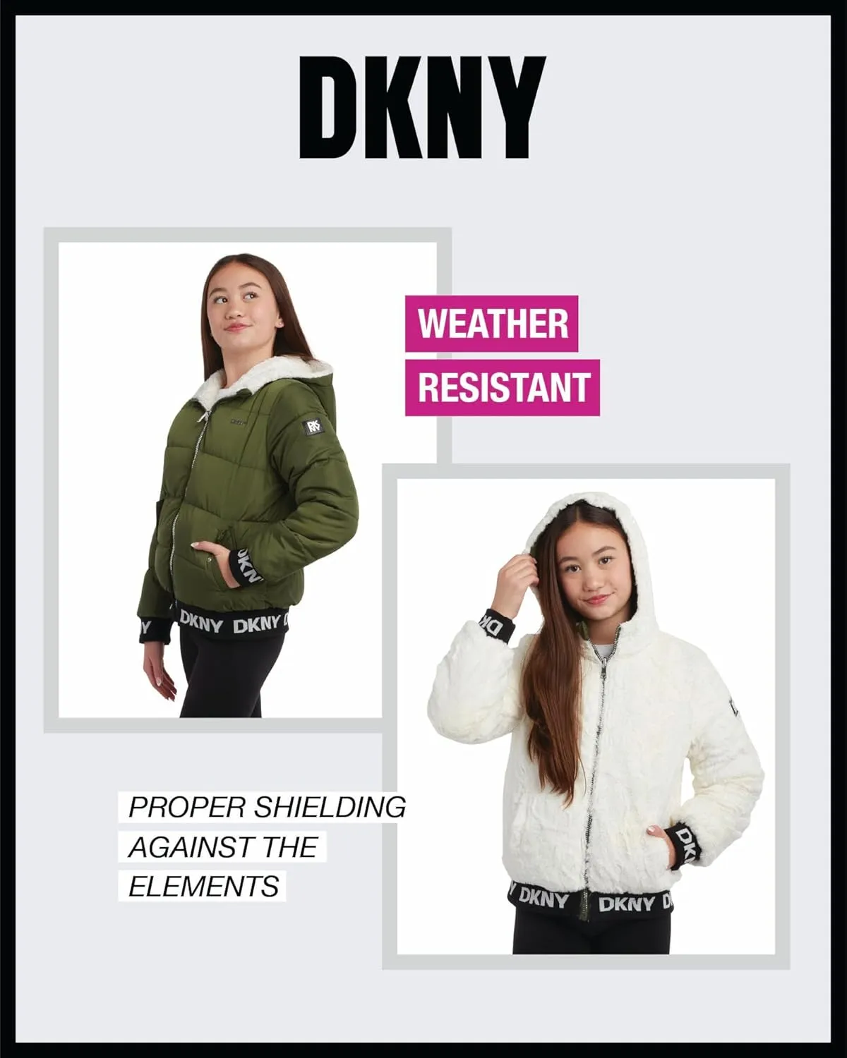 DKNY Girls' Hooded Puffer Jacket - Insulated Reversible Faux Fur Bomber Winter Coat - Quilted Outerwear for Girls (7-16)