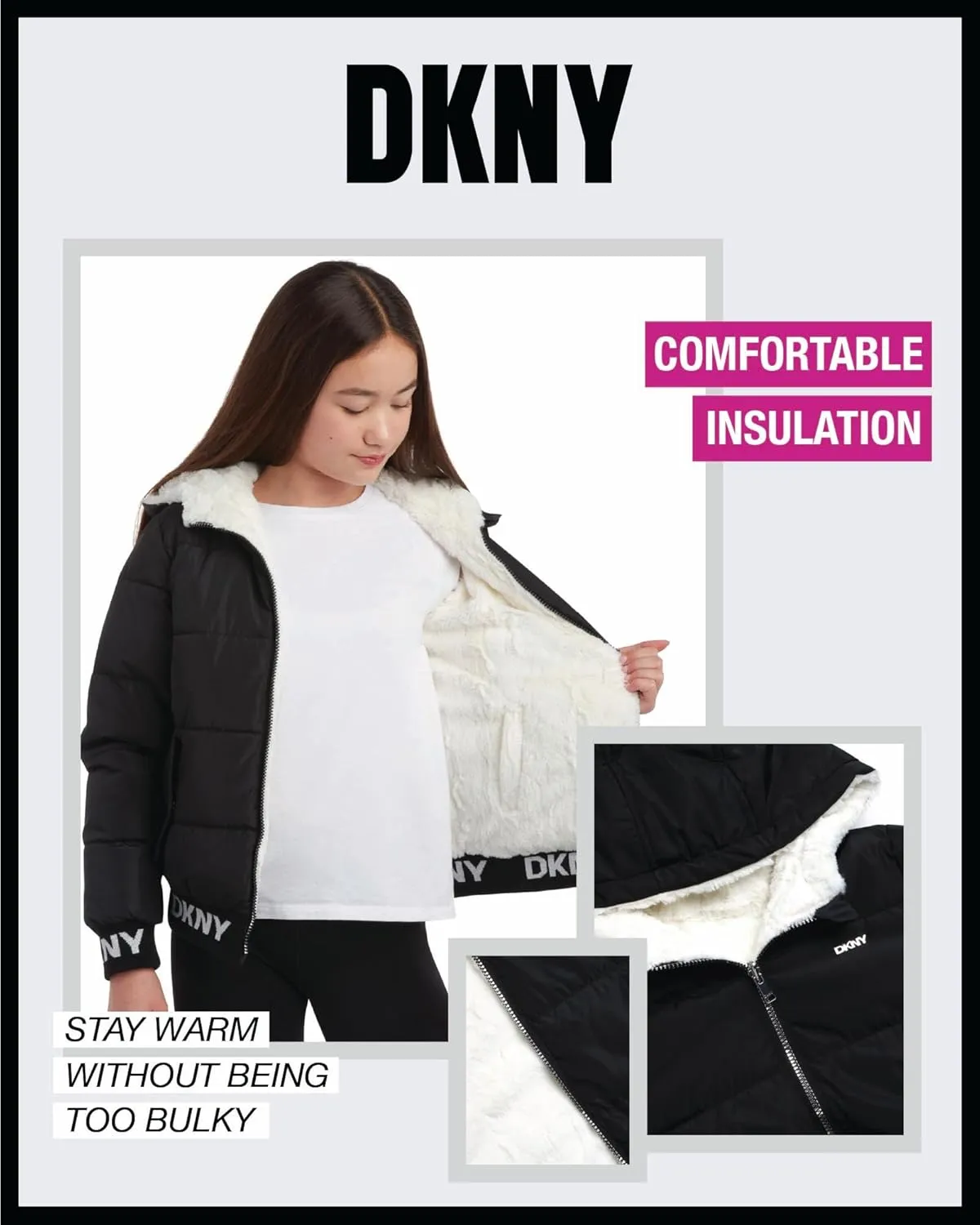 DKNY Girls' Hooded Puffer Jacket - Insulated Reversible Faux Fur Bomber Winter Coat - Quilted Outerwear for Girls (7-16)