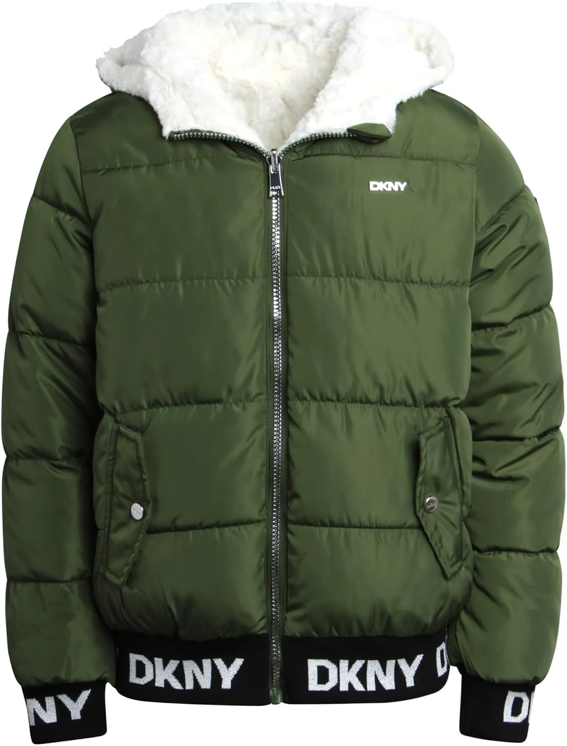 DKNY Girls' Hooded Puffer Jacket - Insulated Reversible Faux Fur Bomber Winter Coat - Quilted Outerwear for Girls (7-16)