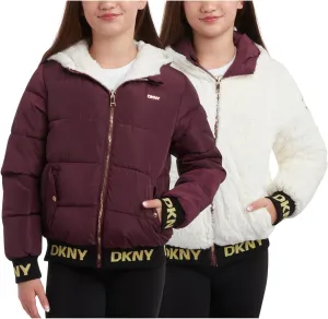 DKNY Girls' Hooded Puffer Jacket - Insulated Reversible Faux Fur Bomber Winter Coat - Quilted Outerwear for Girls (7-16)