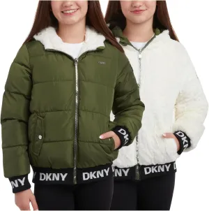 DKNY Girls' Hooded Puffer Jacket - Insulated Reversible Faux Fur Bomber Winter Coat - Quilted Outerwear for Girls (7-16)