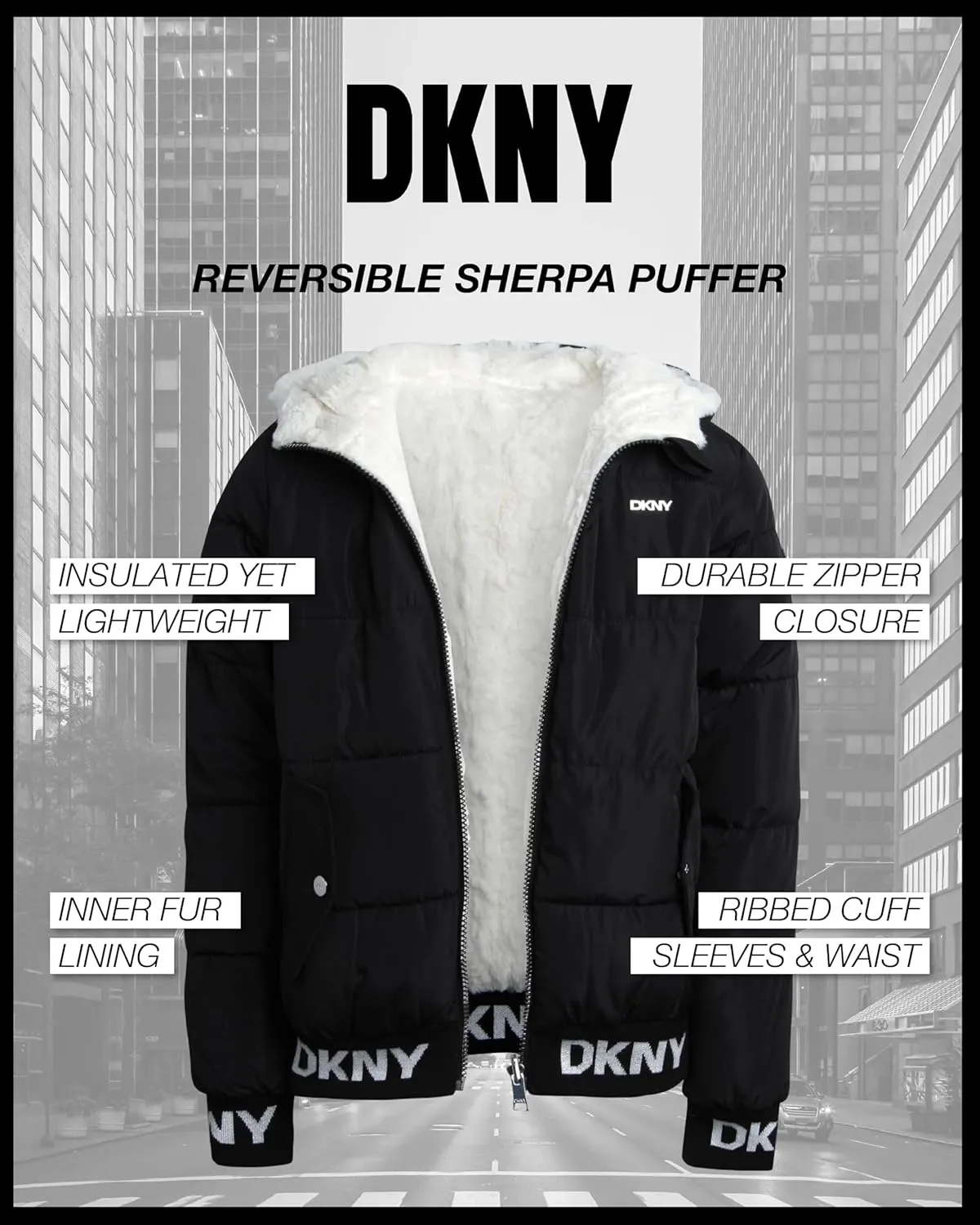 DKNY Girls' Hooded Puffer Jacket - Insulated Reversible Faux Fur Bomber Winter Coat - Quilted Outerwear for Girls (7-16)